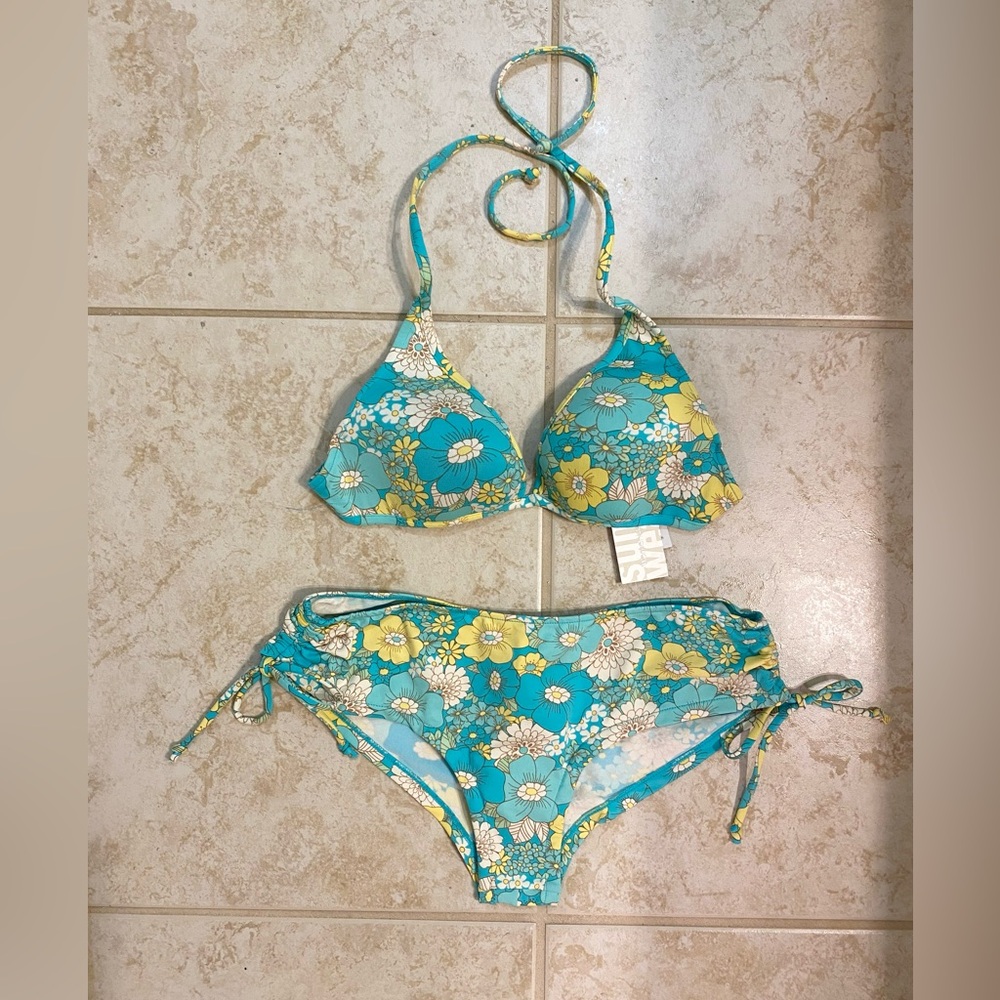 Floral Triangle Top Ruched Bottom Side Ties Bikini Turquoise Yellow Size Small